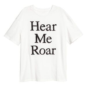 H&M Hear Me Roar Beaded Graphic Tee | White Oversized Cotton T-Shirt L NWT